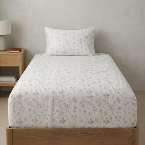 Image of Linen Home Cotton Percale Fitted Bedsheet Set Single Size Floral Grey