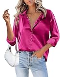 HOTOUCH Womens Hot Pink Silk Button Down Drop Shoulder Satin Blouse Casual Tunic Shirt A-Hot Pink, Large, Long Sleeve