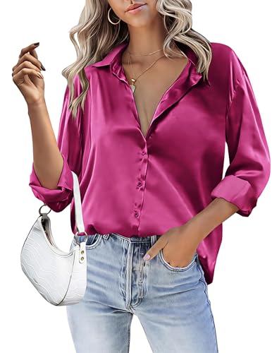 HOTOUCH Womens Hot Pink Silk Button Down Drop Shoulder Satin Blouse Casual Tunic Shirt A-Hot Pink, Large, Long Sleeve