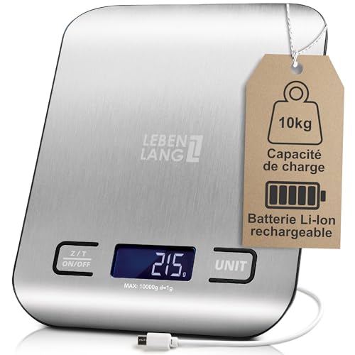 LEBENLANG Balance de cuisine numérique rechargeable par USB - Jusqu'à 10 kg & Incl.câble de recharge I Balances de precision Pese aliment cuisine Pesette...
