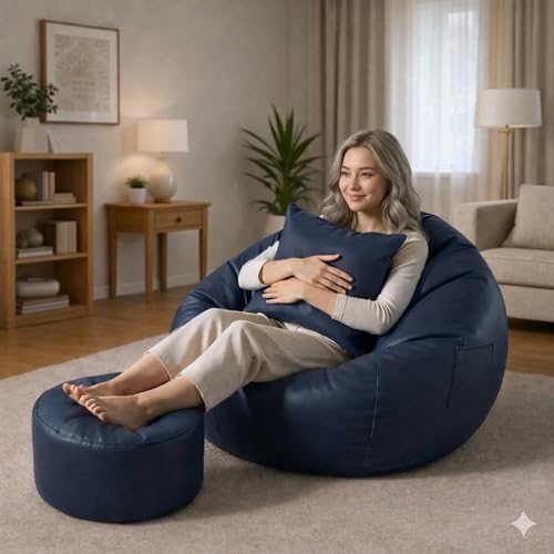 Image of IVIKA Bean Bag with Stool & Cushion | XXXXL Size Premium Leatherette Bean Bag for Gaming, Living Room & Bedroom (4XL - Navy Blue)