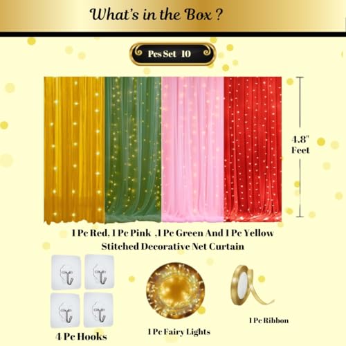 Image of Shimmers 10 Pcs Decorative Net Curtains with Hooks & Ribbon - 4.8 Ft Red, Pink, Green & Yellow Celebration Curtains - Colorful Backdrop for Wedding, Room & Home Decor