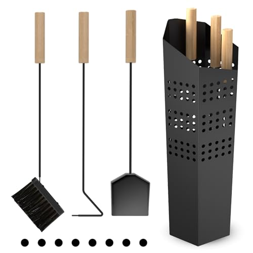 changshengda Juego de utensilios para chimenea (4 piezas, accesorios modernos para chimenea con soporte, pala, atizador y cepillo), color negro