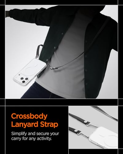 Spigen DA30L Lanyard Strap für iPhone 17 Serie, Verstellbares Band für Hals, Schulter & Crossbody mit Hybrid-Nylon & Wildleder, Magnetische sichere Verbindung – Schwarz