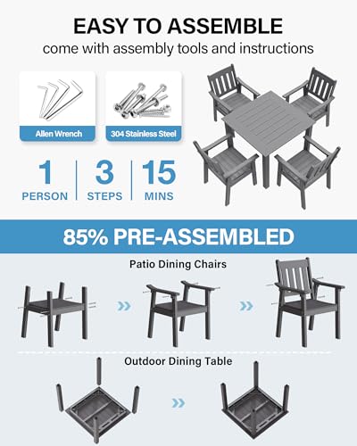 Image of YEFU HIPS Patio Table Set: 5 Piece Outdoor Square Table and Chairs with Metal Aluminum Frame - Gray Modern Plastic Patio Dining Furniture Set 4 Person for Outside Deck