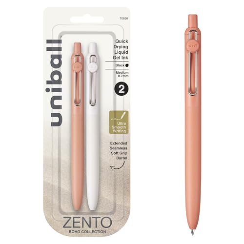 Uni-ball Zento Gel Ink Rollerball Pens, 2 Black Medium Point Smooth Writing Pens, Colored Japanese Pens, Boho Colors