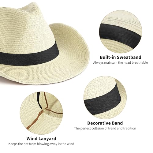 Image of Straw Cowboy Hat for Men Women Western Cowgirl Hats with Shapeable Wide Brim for Beach Sun Summer