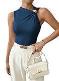 EVALESS Womens Sleeveless Asymmetrical Neck Tank Tops Fashion Metal Decor Summer Casual Basic Slim Fit Ribbed Basic Vest Dirty Blue S