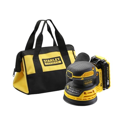 STANLEY FATMAX Ponceuse Excentrique Sans Fil 125 mm Li-Ion 18V 12 000 trs/mn Design Compact avec 1 Sac Collecteur de Poussière 1 Sac De Rangement 1 Batterie 2 Ah 1 Chargeur FMCW220D1-QW