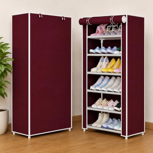 Image of YouCopia Shoe Rack for Home Non Woven Fabric - DIY Multipurpose Shoe Rack Organizer, 6-Layer Shoe Rack for Home -Shelf with Dustproof Door Entryway for Heels /Slippers /Boots (Maroon, 6-Layer)