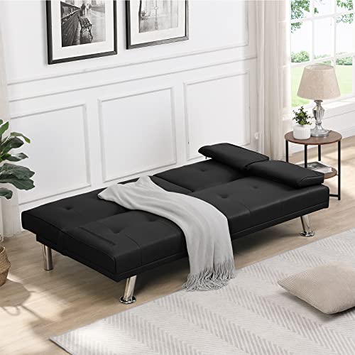 Antetek Futon Sofa Bed, Modern Convertible Upholstered Faux Leather Loveseat Sleeper Sofa Couch W/7 Adjustable Positions, Cup Holder For Living Room, Bedroom, Studio, Office, Black #TOP3