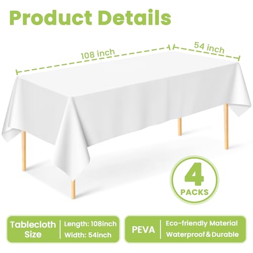 Image of Mulbozy 4 Pcs White Plastic Tablecloth Disposable, 54 x108 Inch