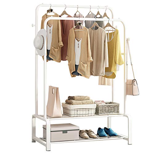 Clothing Double Rod Garment Rack with Shelves, Metal Hang Dry Clothes Rack for Hanging Clothes，Double layer ，4 Hooks，White (41.5inch)