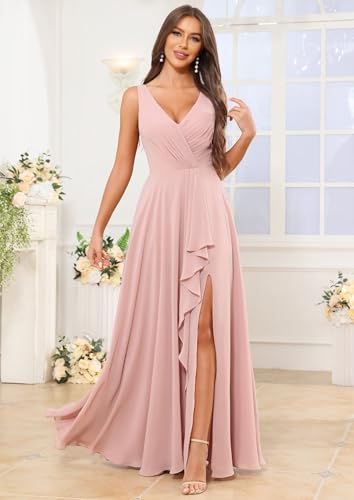 Bridesmaid Dresses for Women V-Neck Pleated Chiffon Ruffles A-Line Formal Evening Gown with Slit4