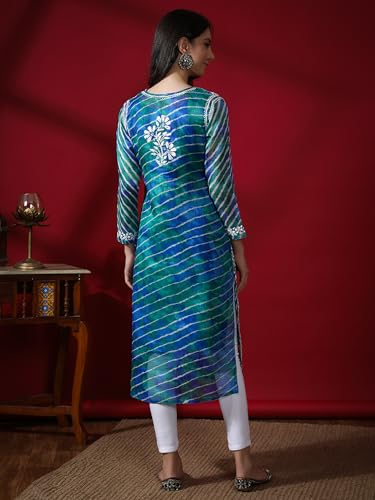 Image of Seva Chikan Hand Embroidered Lucknowi Chikankari Aqua Green Kota Women Kurta Kurti with Matching Slip (4047 Aqua Green XL)