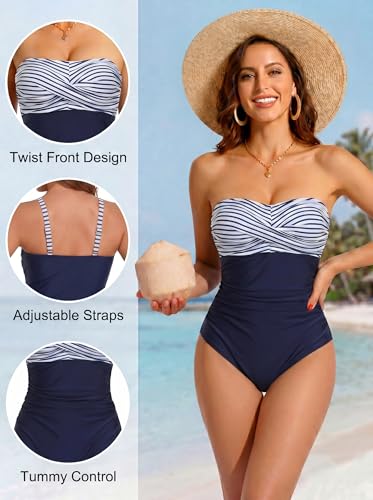 Image of Smismivo Tummy Control Swimwear Strapless One Piece Swimsuit Ruched Bathing Suits for Women Slimming Bandeau Tube Top Bikini