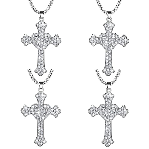 4 Pieces Metal Cross Car Mirror Hanging Accessories Crystal Rhinestone Cross Necklace Large Bling Cross Pendant Large Diamond Cross Charms Interior Car Accessories for Women Men Cars, Silver