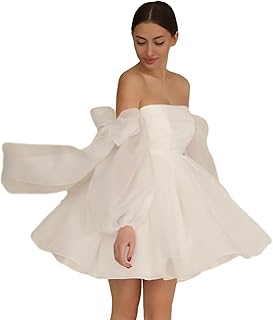 Short Wedding Dresses for Bride Long Sleeve Organza Bridal Gown Pleated Off Shoulder Wedding Dress with Bow