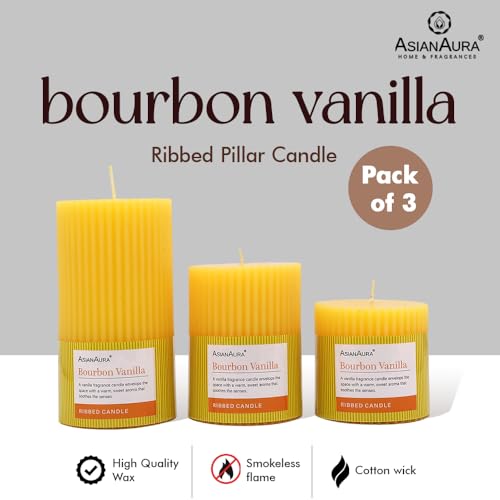 Image of ASIAN AURA Ribbed Pillar Candles - Pack of 3 | Scented Candles for Home Decor, Gifting & Festive Use | Long Burn time up to 36hrs | Clean-Burning Wax & Smokeless Flame (Bourbon Vanilla)