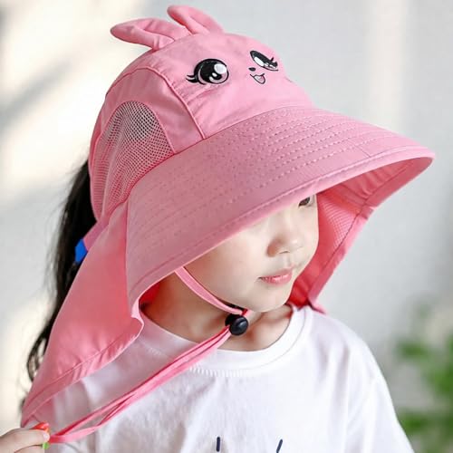 Image of SYGA Children's Cute Pink Bunny Sun Hat UPF 50+ Wide Brim UV Protection Bucket Hat, Lightweight Breathable Summer Beach Fishing Hat for 3-10 Years Boys & Girls