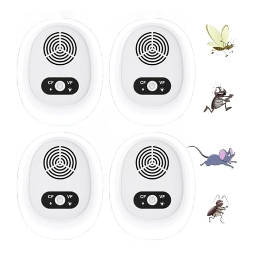 Repelente Ultrasónico Electrónico Pack 4 Unidades | Ahuyentador de Plagas para el Hogar | Repele Ratones, Mosquitos, Cucarachas y Arañas | Doble Frecuencia Ajustable CF/VF | Sin Químicos y Seguro