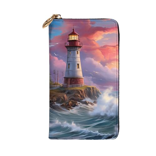 Lighthouse Diamond Painting Picture Leather Long Clutch Wallet for Fashionable Girls and Women - Durable, Stylish, and Functional, Black, One Size2