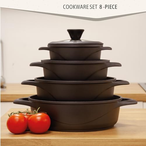 briebe Cookware Set 8 Piece, 4 Cast Aluminium Casseroles Dish Cast Aluminium, ILAG GRANITEC Non-Stick, Set of Pots and Lids Glass, Silicone Gloves, Ceramic Hob, Gas, Oven, MGK-17S - Image 2