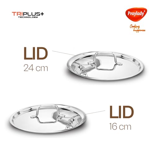 Image of Praylady TRIPLUS 5-Piece Triply Cookware Set | 24cm Kadai+24cm Lid+22cm Frypan+16cm Saucepan+16cm Lid | Triple-Layered Stainless Steel-Aluminum | Induction & Gas Compatible