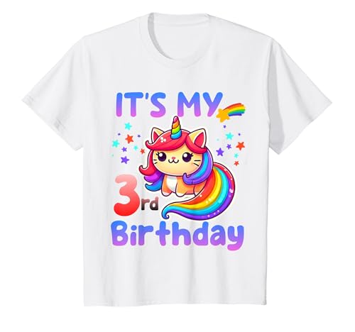 Niños Fiesta de 3 años con diseño de unicornio y gato para niña de 3 años Camiseta