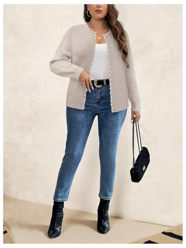 Image of BEAUDRM Women's Plus Size Pearls Beaded Cardigan Open Front Long Sleeve Casual Sweater Top