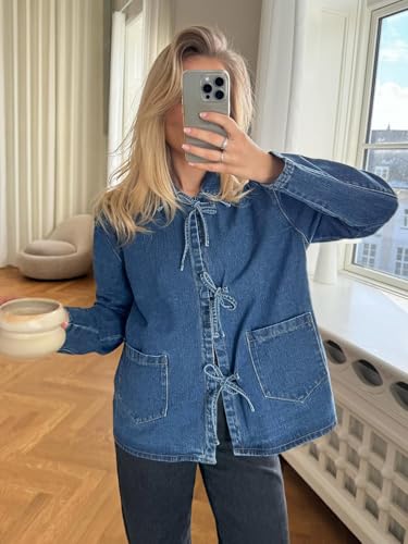 PLNOTME Womens Jean Jacket Tie Front Denim Shacket Tops Fall Fashion Long Sleeve Shirts Coat with Pockets2