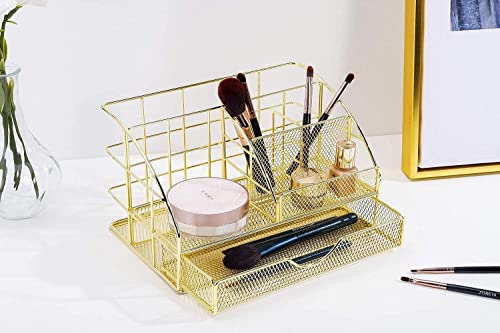 Image of iwilon Desk Organizer with Drawer | Metal Mesh Multipurpose 6 Compartment Storage Holder | Stationery, Makeup, Office Supplies Organizer (Gold) (22.3X15X14.9 CM)