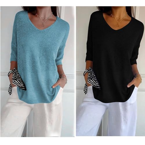 Frontaley Clothing, Frontaley Women's Solid Color Knitted V-Neck Top, Lightweight 3/4 Sleeve Sweater4
