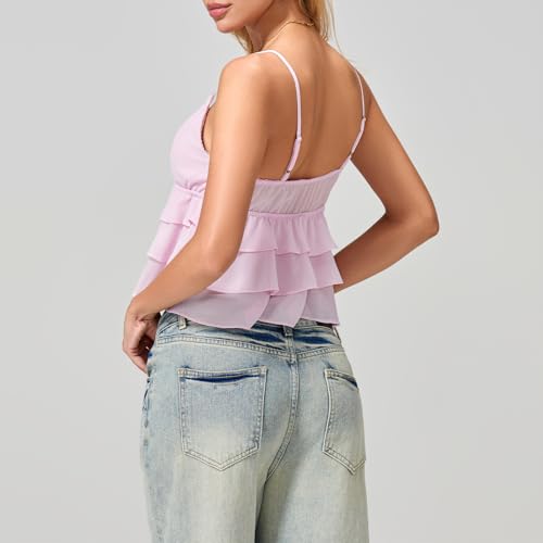 Women's Y2K Ruffle Low Cut Camisole Spaghetti Strap Bow Trim Backless Crop Tops Going Out Streetwear3