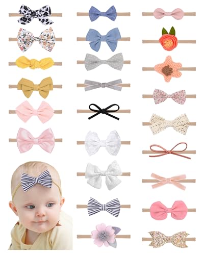 Image of doboi 24pcs Baby Girls Flower and Hair Bows Headbands Soft Nylon Hairbands Elastic Hair Accessories for Newborns Infants Toddlers and Kids