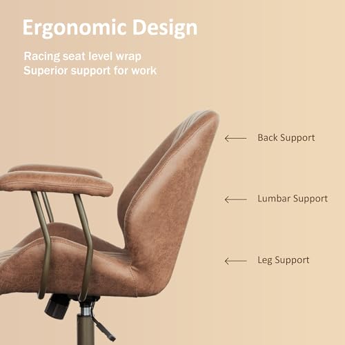 Image of Mid Back Home Office Chair, Mid Century Modern Executive Chair, Comfy Ergonomic Rolling Office Desk Chair with Lumbar Support, Brown Faux Leather Office Chair, Brown