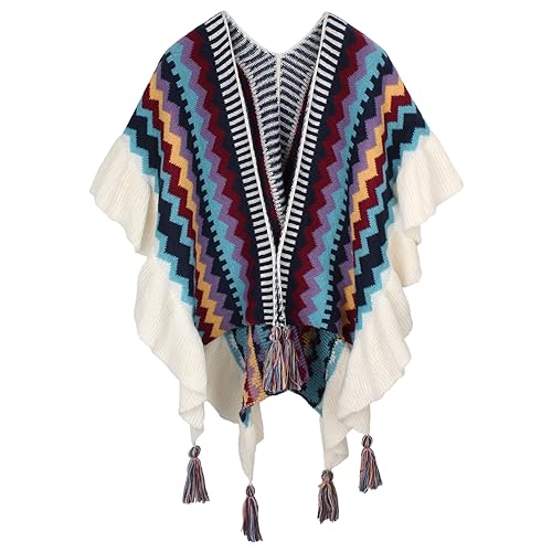 Women Wave Stripes Fall Winter Warm Cashmere-like Shawl Wrap Cardigan Open Front Poncho