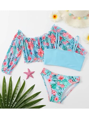 Kids Girls 3Pcs Spaghetti Straps Swim Top with Briefs and Coverup Flower Print Beach Swimwear3
