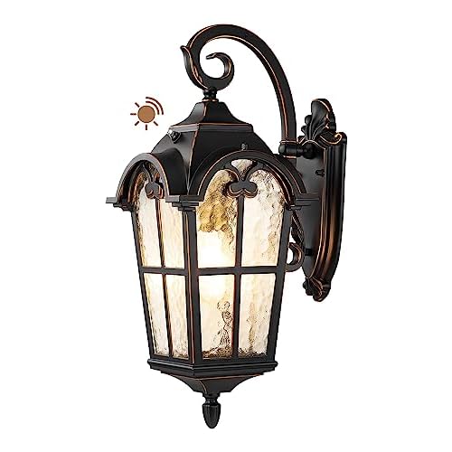 EDISHINE Dusk to Dawn Outdoor Wall Lights, 20.4" Large Size Exterior Lantern Fixture, Porch Lights Wall Mount, Roman Wall Lamp, Waterproof Outside Wall Sconce for Front Door Garage, Black