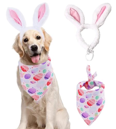 ANIAC Easter Dog Headband and Egg Bandanas Set Plush Bunny Ears Costume for Small Medium Large Dog Pet Easter Costume Accessories for Cat Dog (Pink H+Bandana, Large)