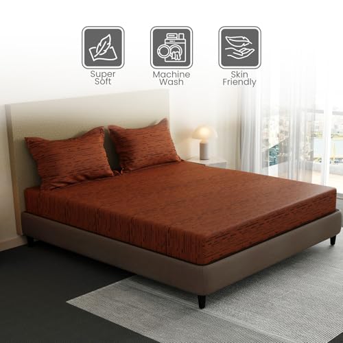 Image of Layers 100% Cotton Fitted Sheet for King Size Bed | Lumina Floret Collection | 144 TC Soft & Breathable | Stripes with 2 Pillow Covers | Wrinkle Free & Colorfast | 3 Pc Bedding Set - Brown