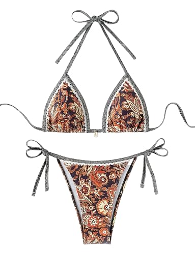 Happy Cherry Conjunto de bikini de 2 piezas para mujer, sexy, estampado con lazo, decoración de concha, traje de baño de cintura baja, marrón, S