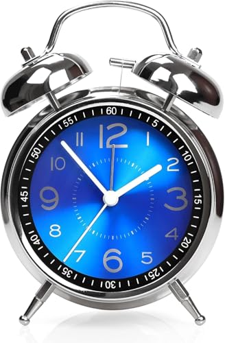 Image of Alarm Clock Analog Table Clock with Twin Bell Design and Numbered Dial, Desktop Timepiece (Metal Blue Silver Analog Clock)