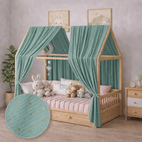 Genthread Ciel de lit cabane avec étoiles dorées, Lot de 2 pièces, 100% Coton Mousseline Fait Main, Voilage décoratif pour lit cabane, Filles et...