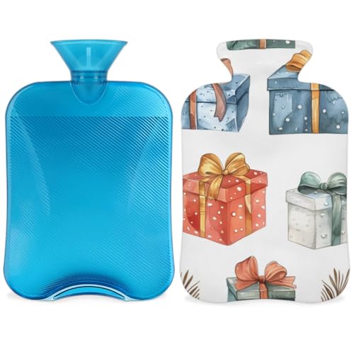 Hot Water Bottle with Soft Cover,2L Watercolor Xmas Gift Box Hot Water Bag for Hot and Cold Compress, Hand Feet Warmer, Rubber Hot or Cold Water Bottle Halloween Christmas Decorations