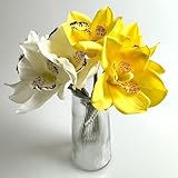 8Pcs Real Touch Artificial Cymbidium Orchids Bouquet, White and Yellow Realistic Silk Artificial Orchids, Artificial Flowers Outdoor Fake Flowers Green Shrubs Plants for Wedding Home Decoration