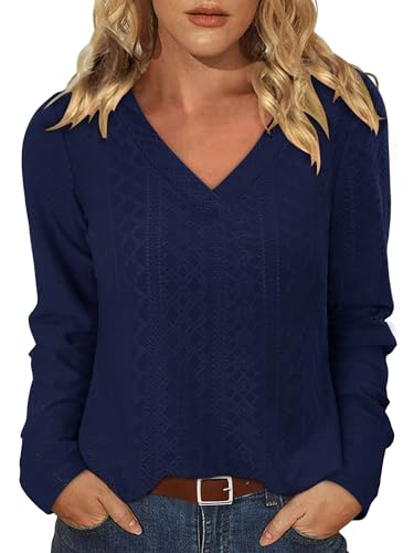 KISSMODA Long Sleeve Fall Shirts For Women V Neck Tunic Tops Embroidered Button Down Knitted Blouses 2025