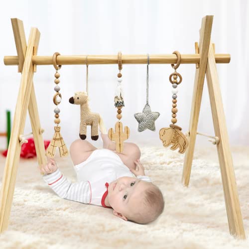 Image of Wooden Baby Play Gym Activity Center Natural Color Handmade Infant Gym with Crochet Toys Foldable Infant Play Gym Wild West Theme Newborn Teething Toys Toddler Activity Center