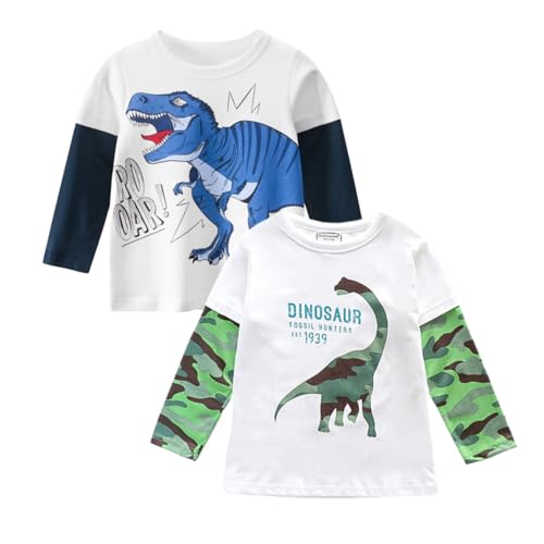 HZXVic Boys Long Sleeve Shirts Toddler T-Shirts Cotton Kids Crewneck Tops Graphic Tee 3-Pack