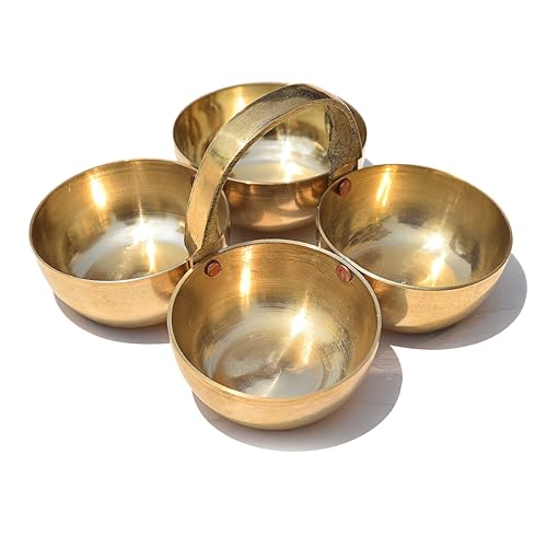 Pure Source India Pure Brass Small Pooja Roli, Chawal, Haldi, Kumkum Katori/Chawmukh with Handle for Home Mandir (8.5 X 8.5 CM) (Gold) (20 ml) thumbnail 15